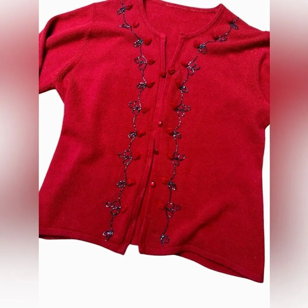 90s vintage women’s cashmere beaded red button front cardigan medium